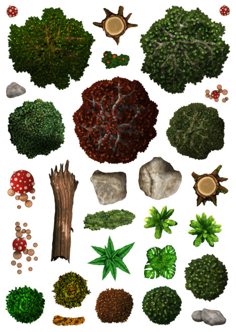 Showing a sheet with trees, rocks, mushrooms