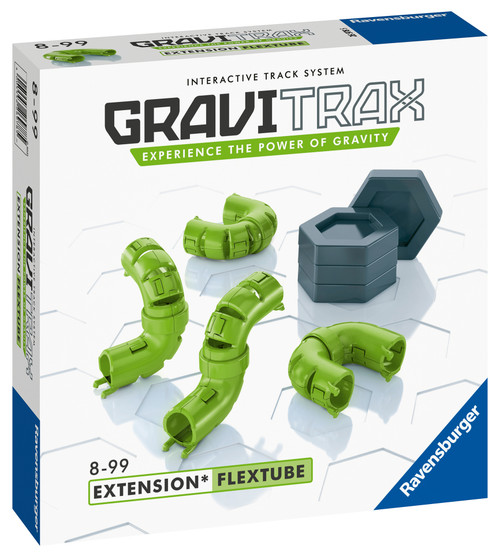 GraviTrax Flextube- front of game box featuring   green flex tubes and hexagon grey tiles