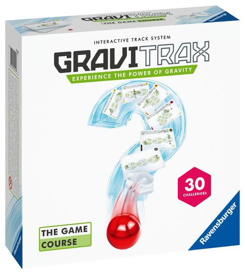 GraviTrax The Game: Course  front of game box, white box with a question mark on the front with a red marble