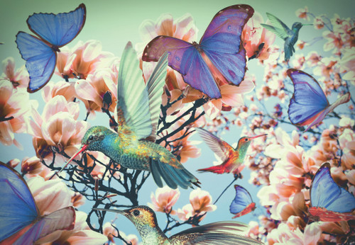 Close up of Hummingbird 300pc—Puzzle Moment  depicting butterflies, flowers and humming birds