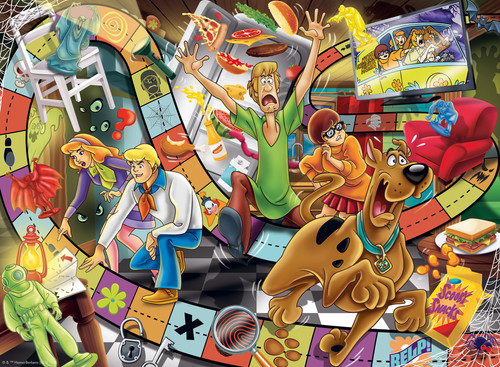 Scooby Doo Haunted close up depicting chaos of food, characters, and  clues