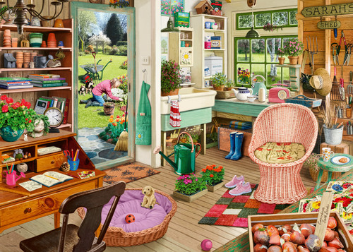The Garden Shed  a modern depiction of a desk, counter, sink and wicker chair with a door open to the outside.