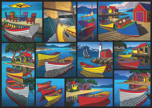 On the Water 1000pc–Canadian Collection, Several brightly colored boats on the water