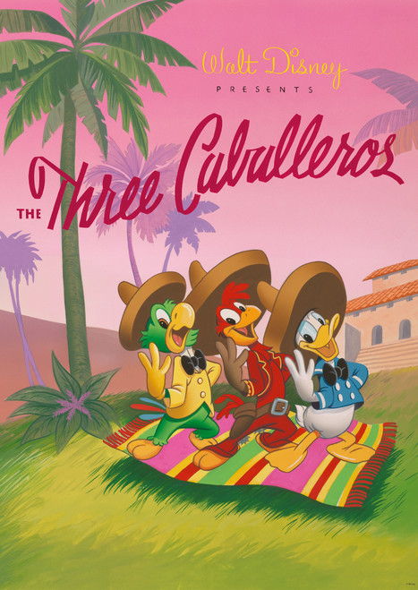 3 birds in sombreros in front of a pink sky and palm tree. 