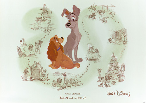 Lady 1000pc–Disney Vault, Tramp and Lady in the center and pencil sketches of movie timeline around them