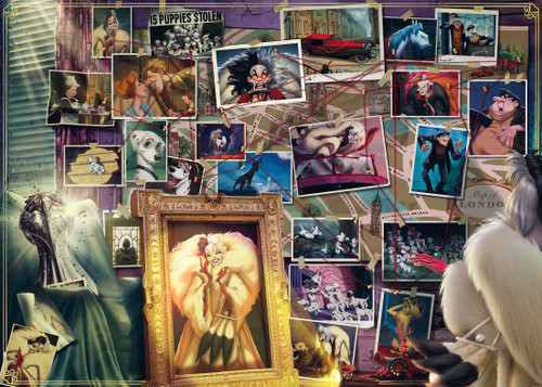 Close up of Villainous: Cruella de Ville looking at a map board of scenes from the movie