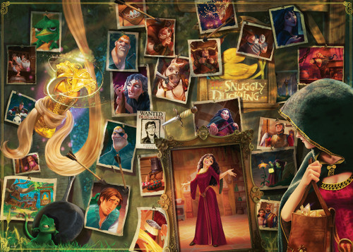 Close up of Villainous: Mother Gothel featuring various pictures of scenes and Rapunzel's hair holding the flower 