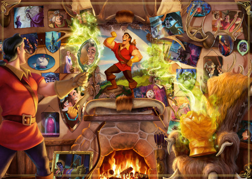 Close up of Villainous: Gaston featuring Gaston looking at himself in the enchanted mirror, near a mantle covered in scenes from The Beauty and the Beast 