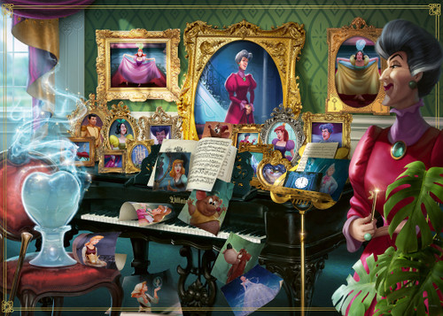 Close up of Villainous: Lady Tremaine  puzzle featuring a piano with frames of characters from Cinderella while Tremaine holds a golden key