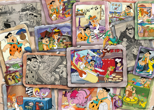 The Flintstones  close up of puzzle, showing overlaying images in stone frames of The Flintstones  scenes