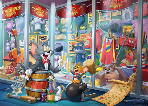 Close up of Tom & Jerry featuring them in front of a show case of their props from previous episodes