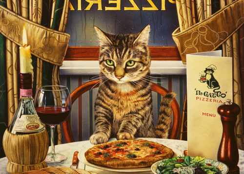 Close up of Dinner for One 300pc featuring a cat at a formal dining table with pizza, salad, wine glass, candle and menu