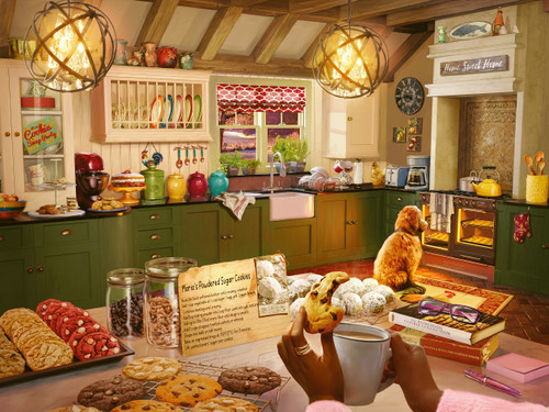 Close up of a kitchen filled with baked goods and warm glow. 