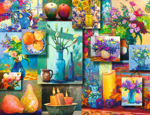 Close up of completed puzzle depicting various overlapping still life paints