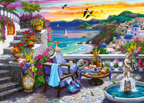 Close up of Santorini Sunset 300pc—Large Format puzzle depicting a port city at sunset