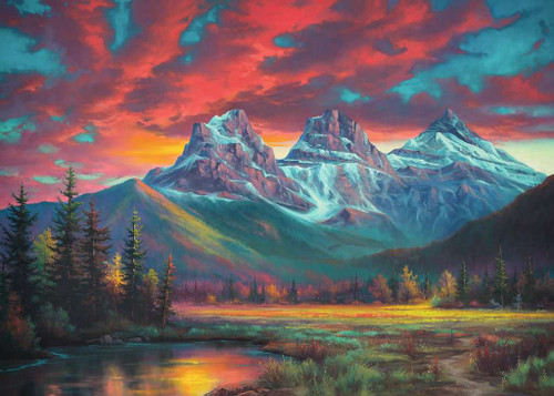 Alberta's Three Sisters 1000pc–Canadian Collection puzzle assembled, revealing a mountain and sunset/rise