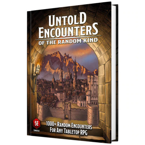 Untold Encounters of the Random Kind–D&D 5E Compatible- book cover depicting a city and mountains