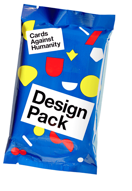 Design Expansion Cards Against Humanity - Blue packaging with red, yellow and white shapes.