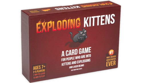 Exploding Kittens (does not meow) front of packaging featuring a kitten holding a grenade with dark red background