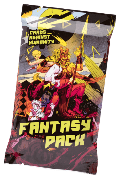 Fantasy Expansion Cards Against Humanity packaging of a 4 armed warrior holding a person and a spear. 