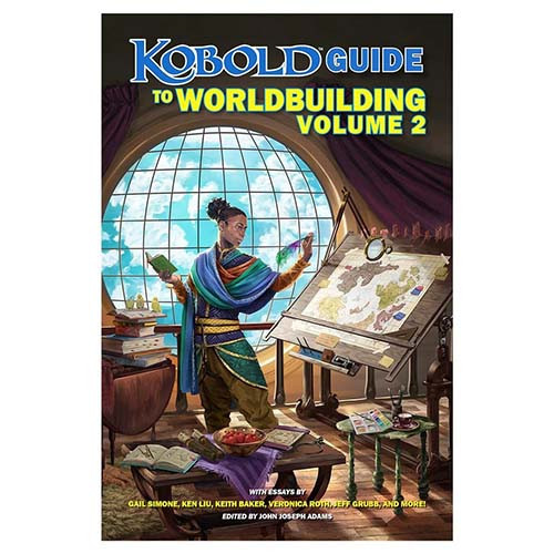 Kobold Guide to Worldbuilding, Vol. 2 cover depicting a character working on a map with a huge circle window in the background 