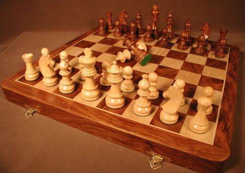 Chess Set: Sheesham and Boxwood Folding Board, Double Queens & 3.75" King - close up displaying clasps while open