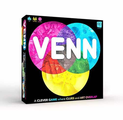Venn Front of game box featuring a pink, yellow, and blue venn diagram