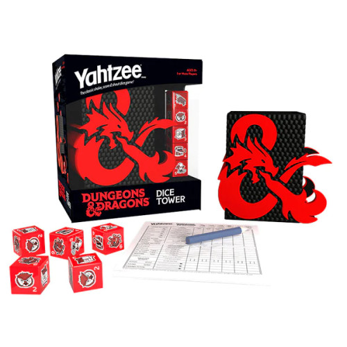 Yahtzee Dungeons & Dragons- Front of package- Dice Tower - dice and score sheets