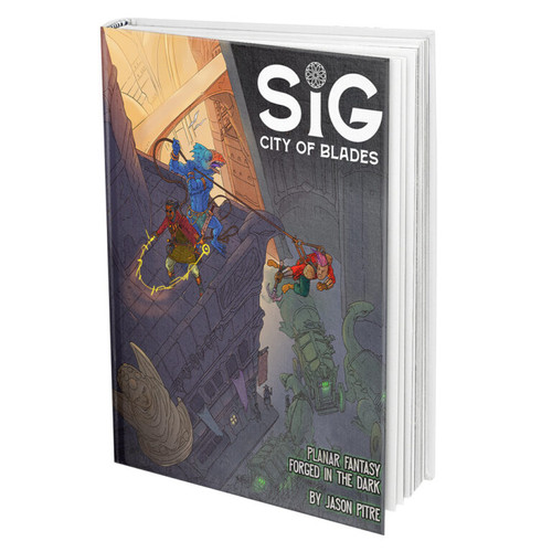 Sig: City of Blades cover featuring 3 characters scaling a building 