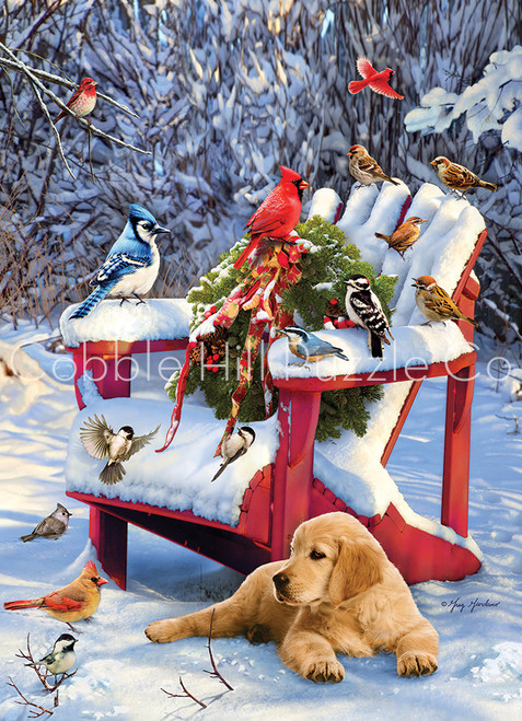 Warm Winter's Day 1000pc close up red snow covered Adirondack chair with birds and a  golden puppy  