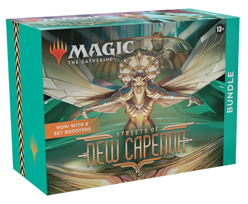  Bundle, Streets of New Capenna—Magic: the Gathering featuring a golden metal winged female hood ornament of a convertible with a horned male driver 