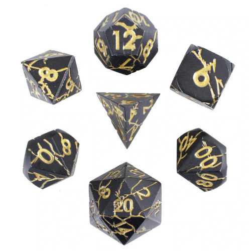 Storm Wracked, Metal Dice Set matte black dice with golden lighting and numbers 