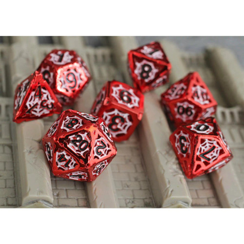 Spider Sense, Hollow Metal Dice Set red dice with spiderweb background and black numbers on top grouped