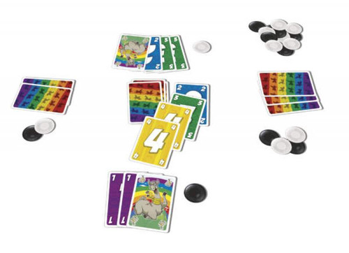 Game components including rainbow cards and tokens 