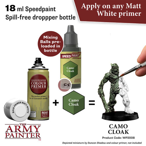 process suggestion Base Primer matt white(not included) then  Camo Cloak= a sage green mini (mini not included) 