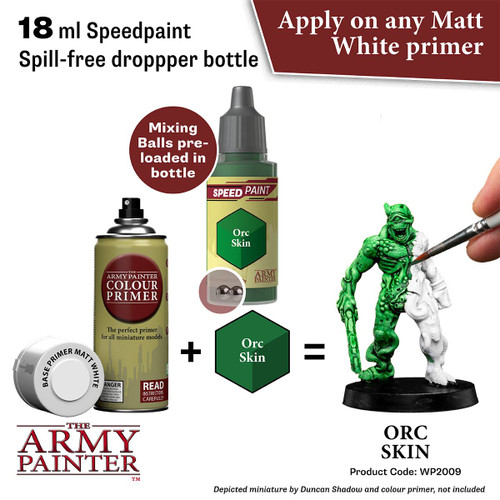 process suggestion Base Primer matt white(not included) then Speedpaint: Orc Skin  = a bright green mini (mini not included) 