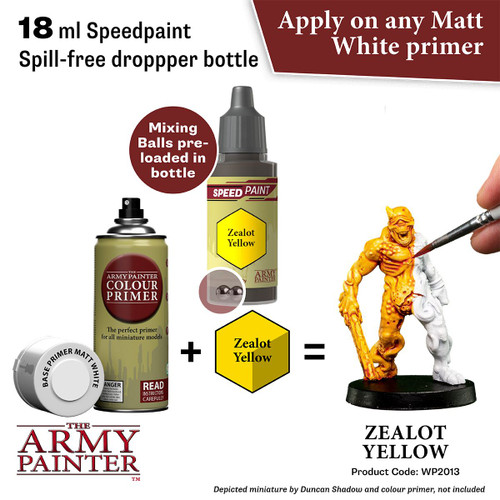 process suggestion Base Primer matt white(not included) then Speedpaint: Zealot Yellow 18ml = golden yellow mini (mini not included) 