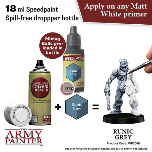 process suggestion Base Primer matt white(not included) then Speedpaint: Runic Grey  = a light grey mini (mini not included) 