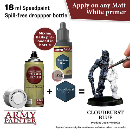 process suggestion Base Primer matt white(not included) then Speedpaint: Cloudburst Blue =  a mini (not included) with a black. grey blue hue. 