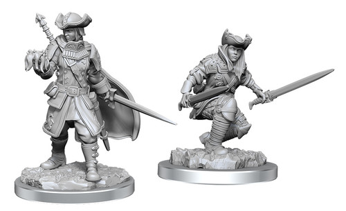  Thraben Inspector & Tireless Tracker–Magic the Gathering Unpainted Miniatures W16- wearing pirate hats, one holding a starfish, other crouched dual welding 