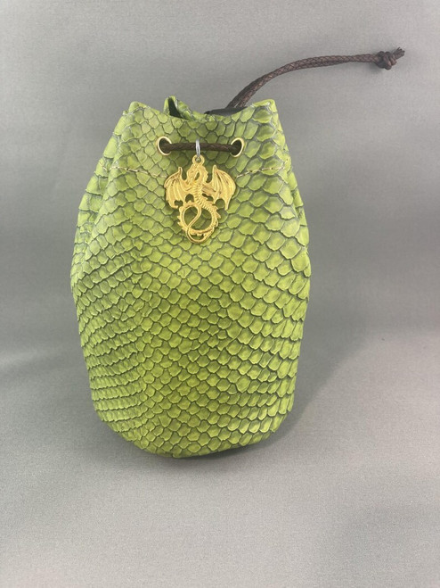 Dragonhide Dice Bag, Green- with cord and dragon charm