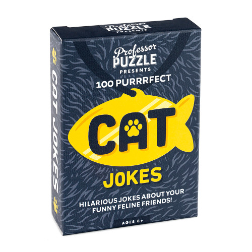 Cat Jokes- blue cat fur box with collar tag in yellow