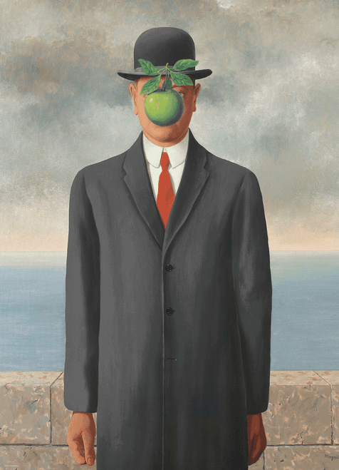 Son of Man, Magritte 1000pc a man in long coat, red tie, white dress shirt, bowler hat with a green apple over his face