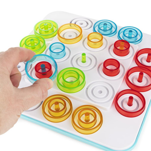  Otrio game set up, Different sized and colored circle rings
