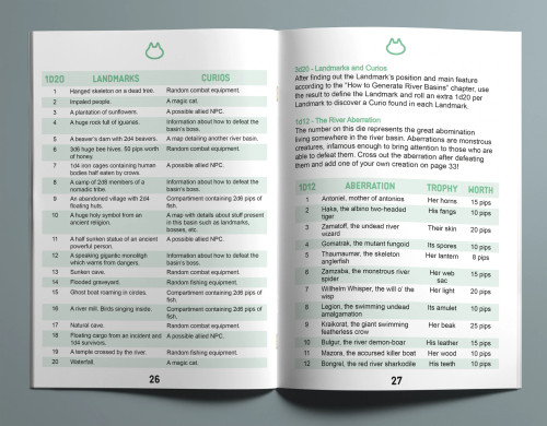 Riverbend RPG sample page featuring possibles based on Dice rolls