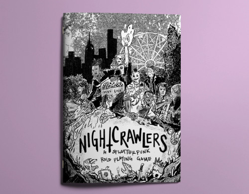 Nightcrawlers RPG- greyscale cover of a city with Ferris wheel and a motley crew in a grave yard. 