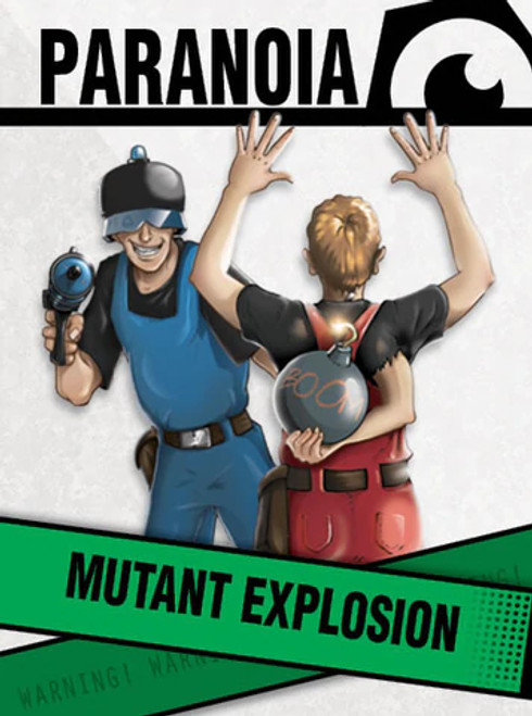 Paranoia: The Mutant Explosion product featuring a blue dressed character with a gun and a red dressed character with his arms up, but a secret third arm holding a bomb