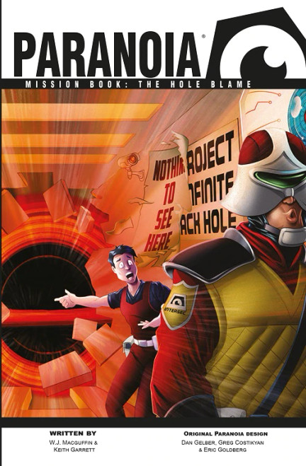 Paranoia: Mission Book: The Hole Blame - product cover featuring a hole in the side of a hallway with a concerned guy in a jumpsuit and a guard in a helmet 