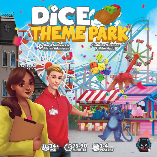  Dice Theme Park -  game cover  featuring a cat juggling dice and 2 employees at a theme park