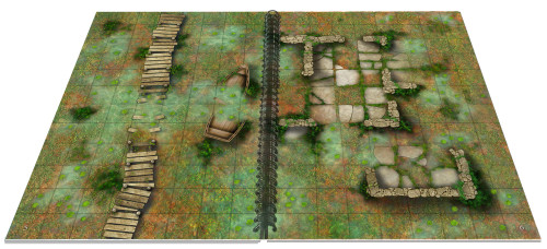 Big Book of Battle Mats Volume 3  with a spiral spine to lay flat, displaying green grass, a woodened pathway, and brick ruins. 